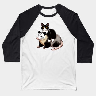 Cute Tuxedo Cat On A Opossum Baseball T-Shirt